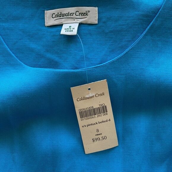 NWT Coldwater Creek Blue Linen Blend Pleated Short Sleeve Midi Dress Size 8 - Picture 7 of 10